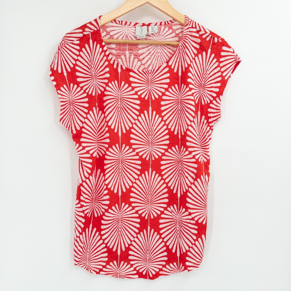 Joie Linen Top Womens Large Red White Palm Leaf Print Short Sleeve Scoop Neck‎